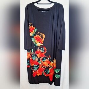 Ronni Nicole Women’s Plus 2X Black Floral Shift Dress 3/4 Sleeve Knee Length